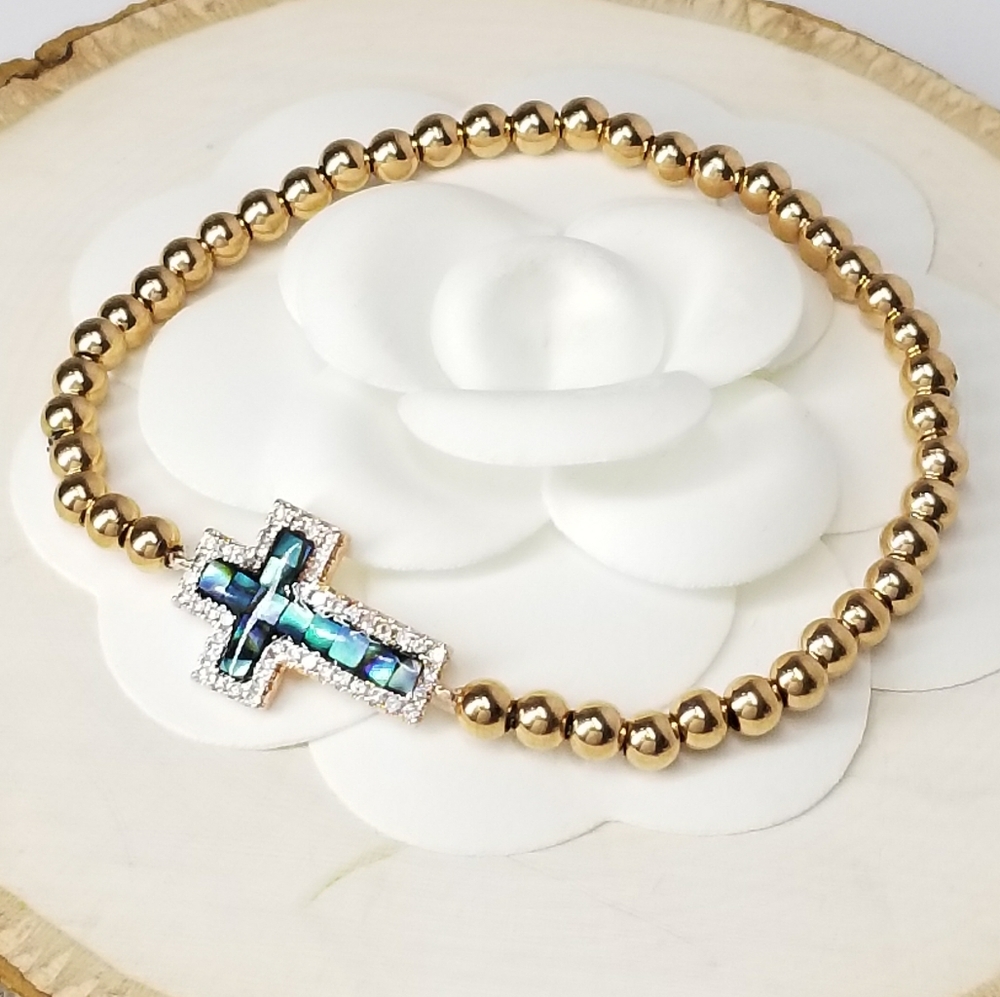 18K Gold Stainless Steel Pave CZ Cross Bracelet - Picture 8 of 10